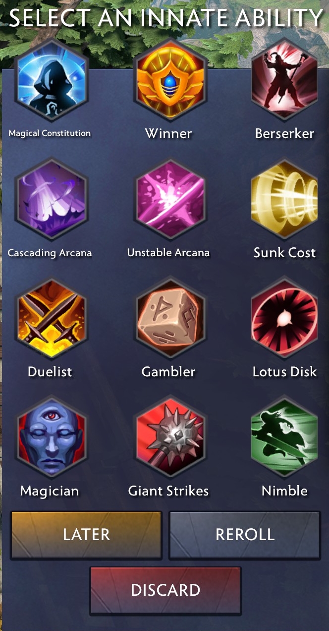 Экран Select an Innate Ability в Custom Hero Clash с перками Berserker, Duelist, Gambler, Magician, Giant Strikes, Nimble